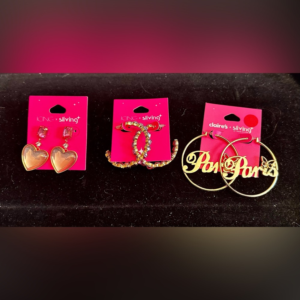 3 Pairs  of Gold colored “Sliving” Earrings Hearts, pink hearts & Paris